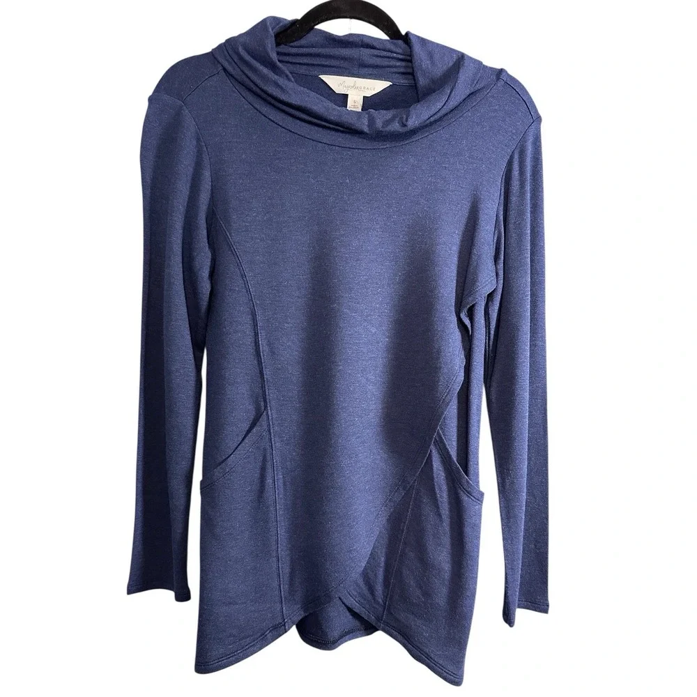 Magnolia Grace Blue Paedia Tulip Hem Cowl Neck French Terry Knit Top Small NWT - Picture 2 of 6